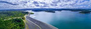 Melbourne Park Prints: Wide aerial panorama of Cardinia Reservoir lake and dam wall surrounded by forests in Melbourne