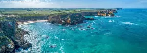 Wide aerial panorama of Childers Cove ocean coastline on Great Ocean Road, Australia
