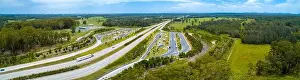 Wide aerial panorama of Clybucca Rest Area on Pacific Highway and countryside. Collombatti, New South Wales, Australia