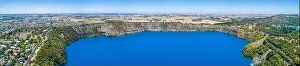 South Australia Prints: Wide aerial panorama of the famous Blue Lake at Mount Gambier, South Australia