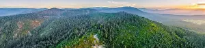 Wide aerial panorama of forested hills and mountains at sunset near Marysville, Victoria, Australia