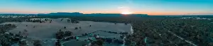 Grampians Prints: Wide aerial panorama of Grampians mountains, farmland, and forest at sunset