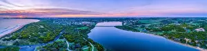 Hopkins River Prints: Wide aerial panorama of Hopkins River and Warrnambool at sunset in Victoria, Australia
