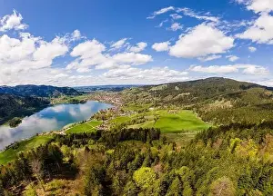 Schliersee Prints: A wide aerial Panorama of laA wide aerial Panorama of lake Schliersee and surrounding mountains in Bavaria