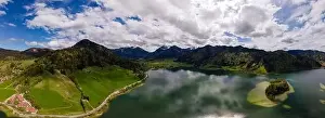 Schliersee Prints: A wide aerial Panorama of laA wide aerial Panorama of lake Schliersee and surrounding mountains in Bavaria