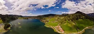 Schliersee Prints: A wide aerial Panorama of laA wide aerial Panorama of lake Schliersee and surrounding mountains in Bavaria