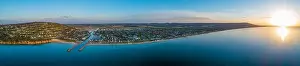 Canadian Bay Prints: Wide aerial panorama of Mornington Peninsula coastline and luxury real estate at sunset