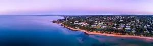 Canadian Bay Prints: Wide aerial panorama of Mount Eliza coastline at dusk