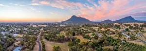 Beautiful Sky Prints: Wide aerial panorama of Mount Sturgeon and Dunkeld township at dusk