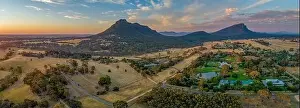 Beautiful Sky Prints: Wide aerial panorama of Mount Sturgeon at Grampians National Park at dusk