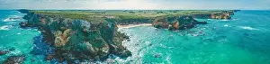 Warrnambool Prints: Wide aerial panorama of ocean coastline in a remote part of Great Ocean Road