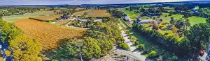 Wide aerial panorama of scenic vineyard and surrounding countryside. Mornington Peninsula, Melbourne, Australia