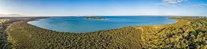 Wide aerial panoramic landscape of coastal wetlands in Australia