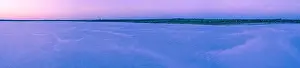 Pink Lake Prints: Wide aerial panoramic landscape of pink salt lake at dusk in Australia