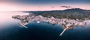 City Nature Prints: Wide aerial panoramic sunset view of a resort sea town Neos Marmaras in Halkidiki