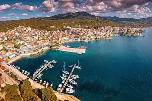 City Nature Prints: Wide aerial panoramic view of a resort sea town Neos Marmaras with yacht marina port in Halkidiki