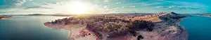 Wide aerial pnorama of Lake Hume Village at sunset. New South Wales, Australia