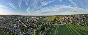 Great Green Prints: Wide angle aerial view over Newbury Racecourse at golden hour