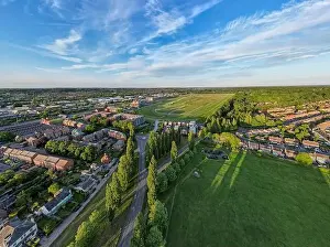 Great Green Prints: Wide angle aerial view over Newbury Racecourse at golden hour
