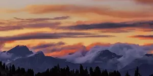 Tops Prints: Wide angle panorama silhouette forest and mountain tops in red orange blue clouds gradient sunset