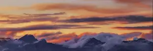 Tops Prints: Wide angle panorama silhouette forest and mountain tops in red orange blue clouds gradient sunset