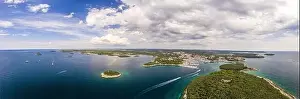Vrsar Prints: Wide angle panoramic drone picture over shore and islands along adriatic coast of Vrsar in summer