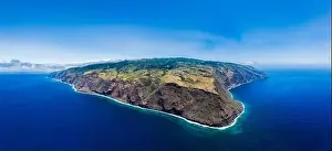 Madeira Island Prints: Wide drone aerial panoramic view of Madeira island from Ponta do Pargo lighthouse