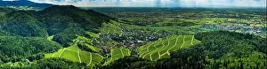 Wide hires panoramic landscape view of Black Forest vineyard valley, aerial, Germany