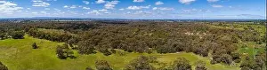 Travel Locations Prints: Wide narrow banner aerial panorama of Australian green countryside on bright sunny day