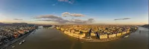 Wide panorama aerial drone view of Hungarian Parliament by Danub