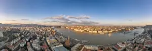 Neo Gothic Prints: Wide panorama aerial drone view of Parliament by danube river in Budapest sunset