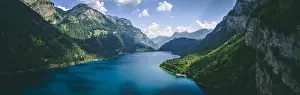 Bern Prints: wide panorama aerial view of deep blue mountain lake and tree in swiss alps