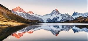 Images Dated 21st October 2018: Wide panorama of Bachalpsee lake in Swiss Alps mountains. Snowy peaks of Wetterhorn