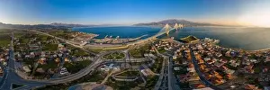 Corinth Prints: Wide panorama of world famous cable suspension bridge of Rio - Antirio Harilaos Trikoupis