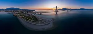 Corinth Prints: Wide panorama of world famous cable suspension bridge of Rio - Antirio Harilaos Trikoupis