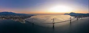 Corinth Prints: Wide panorama of world famous cable suspension bridge of Rio - Antirio Harilaos Trikoupis
