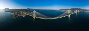 Corinth Prints: Wide panorama of world famous cable suspension bridge of Rio - Antirio Harilaos Trikoupis