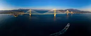 Corinth Prints: Wide panorama of world famous cable suspension bridge of Rio - Antirio Harilaos Trikoupis