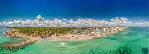 Panoramic Beach Prints: Wide panoramic aerial drone photo taken on the beautiful island of Majorca Mallorca in Spain showing the beach