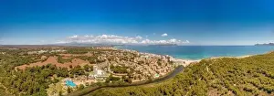 Panoramic Beach Prints: Wide panoramic aerial drone photo taken on the beautiful island of Majorca Mallorca in Spain showing the beach