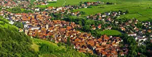 Vinery Prints: Wide panoramic aerial view of Alsace, Ribeauville. Green valley. France