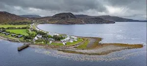 Campsite Prints: Wide panoramic drone shoot at cloudy autumnal day over popular campsite in Ardmair in the North West Coast of Scotland
