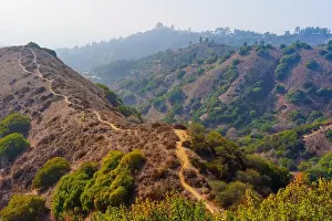 Griffith Park Prints: Wide view of hilly landscape featuring trails winding through Griffith Park