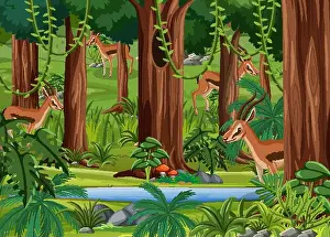 Alive Prints: Wild animals in forest landscape background illustration