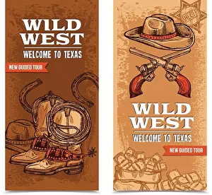 Headwear Prints: Wild west vertical banners with cowboy accessories