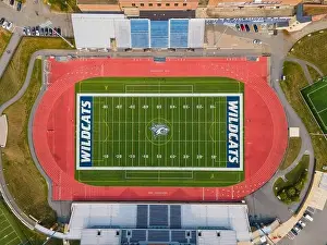 American United Prints: Wildcat Stadium top view of University of New Hampshire UNH Durham campus on Main Street in historic town center of