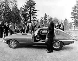 Geneva Prints: William Lyons presents the Jaguar E-type to the press in Geneva at Parc des Eaux Vives on the 15th March 1961