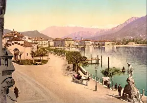 Schweiz Prints: William Tell statue at the quay, Lugano, Ticino, Switzerland 1890