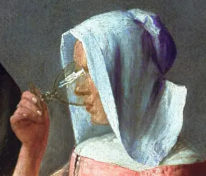 Domestic Prints: The Wine Glass. Français : Vermeer Le Verre de vin detail de la femme buvant