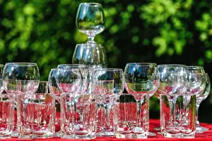 Wineglass Prints: Empty wine glasses composition on table before celebration at outdoor